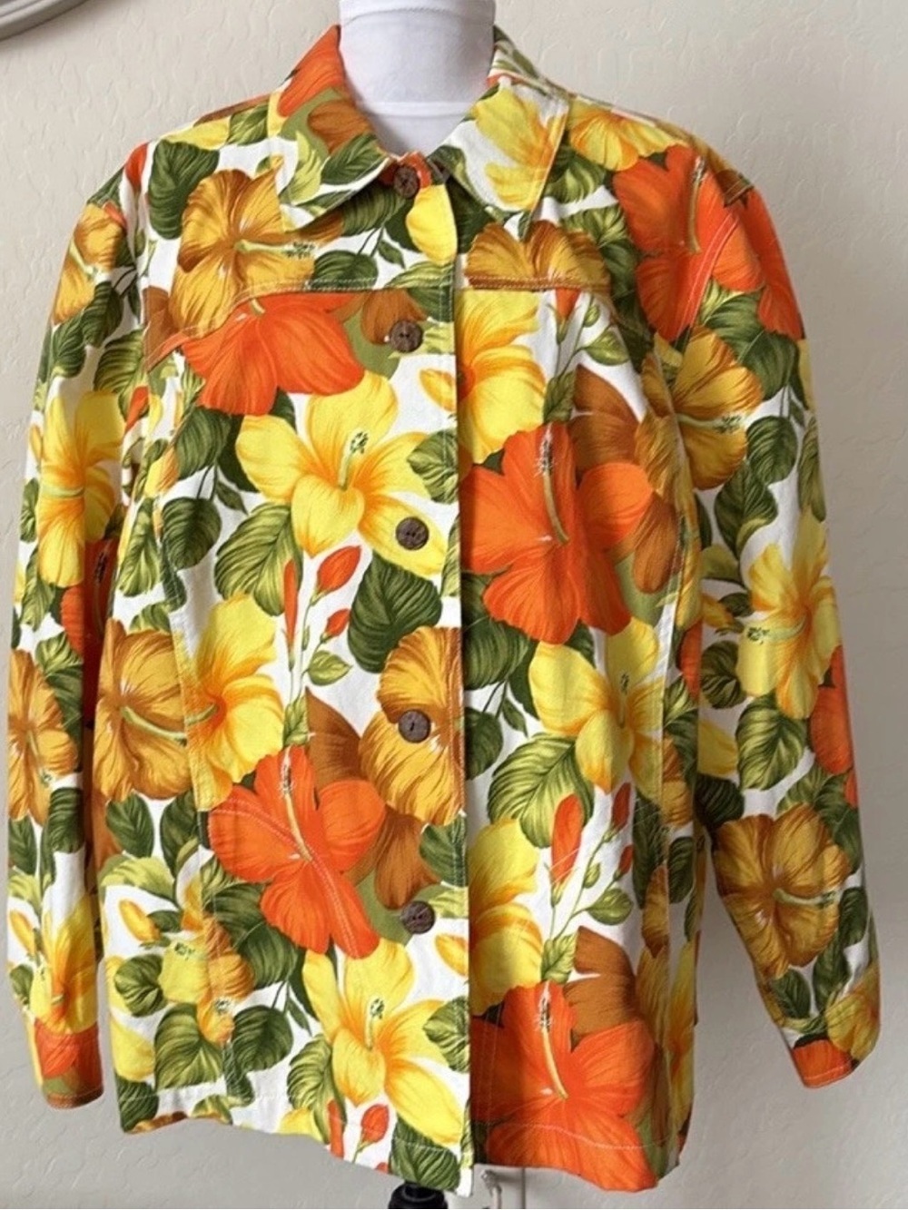 Coldwater Creek Orange & Yellow Floral Button Up cotton Jacket. 2XL